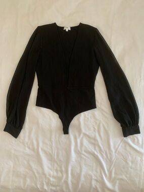 EUC LPA Sirena Plunging V-Neck Long Sleeve Bodysuit Sheer Billowy Sleeves Black